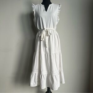 Ivory Linen Blend Tiered Midi Dress | Ruffle Sleeve Tie Waist | Boho Cottagecore